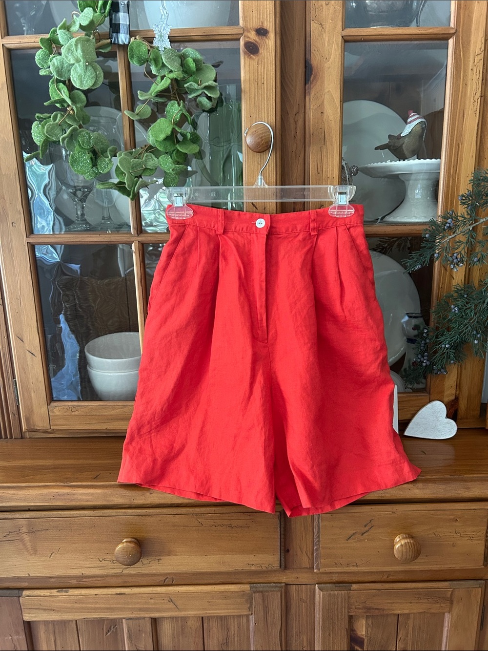 Vintage Laura Ashley Coral Red High-Waist 100% Linen Bermuda Shorts